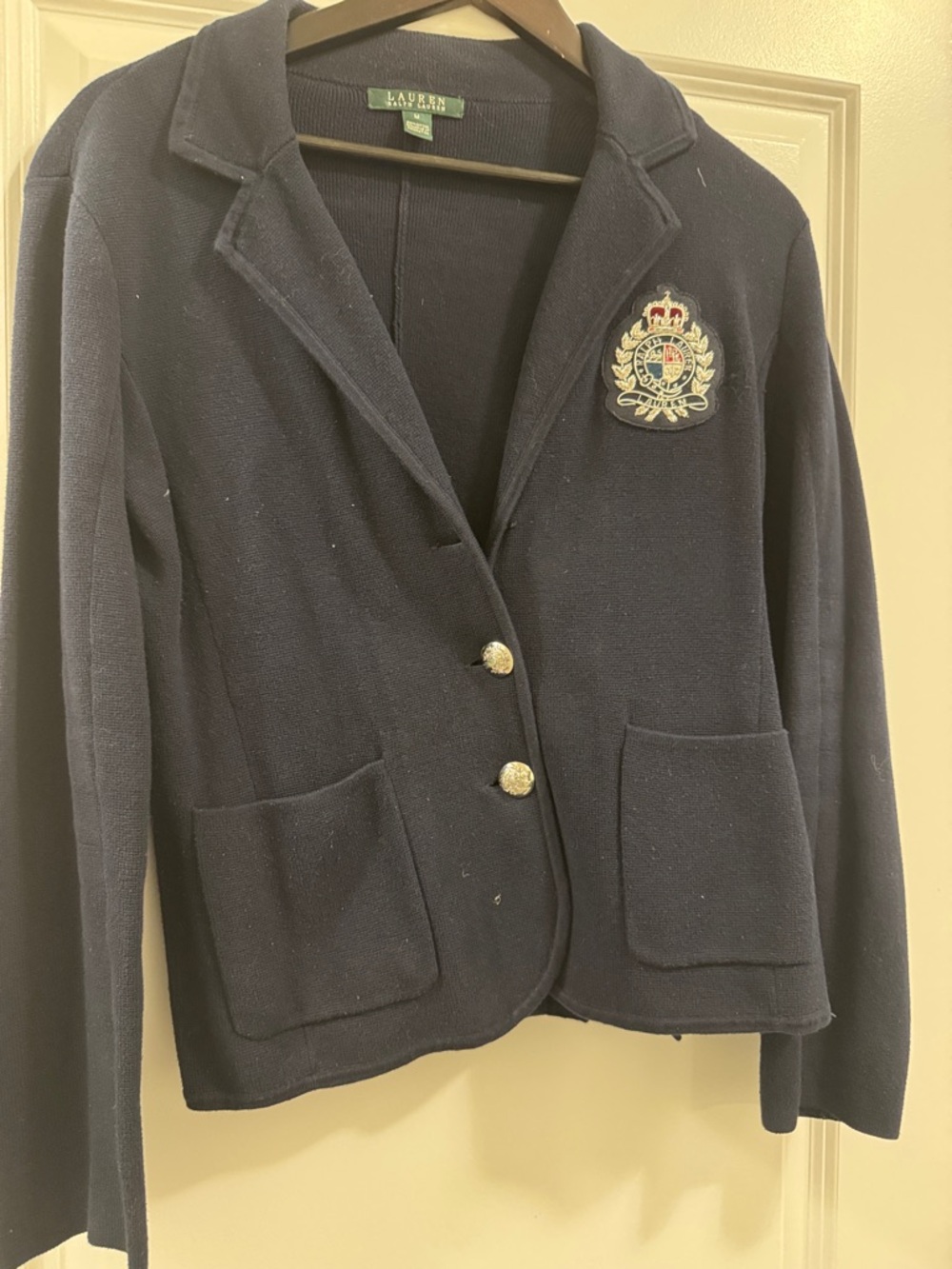 Lauren Ralph Lauren Navy Crest Knit Blazer with Gold Buttons